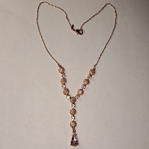 Sparkly AB Crystal Floral Y-Necklace w/ Pink Teardrop (Rosetone)